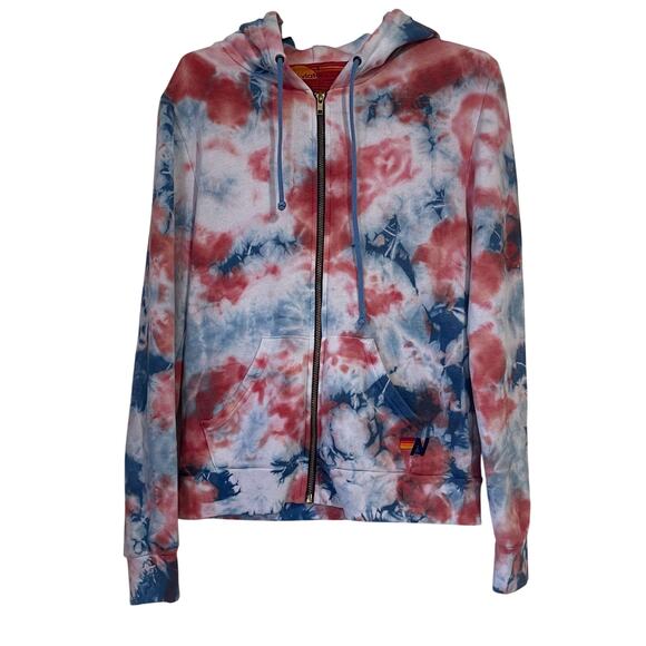AVIATOR NATION Tie Dye Full Zip Sweatshirt Hoodie in Red Blue White Size S - Picture 1 of 14